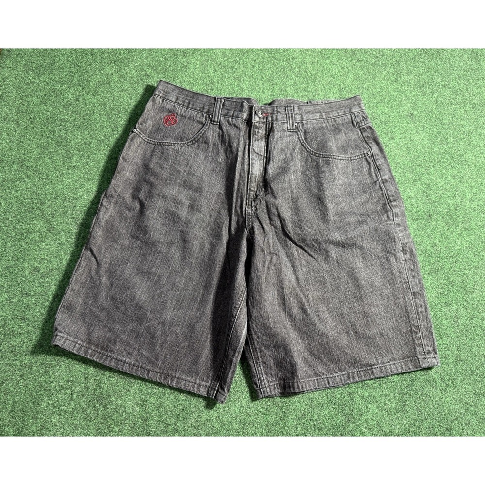 Eight 732 Denim Shorts Mens 38 Embroidered Wide Leg Y2k Baggy‎ Black/Gray